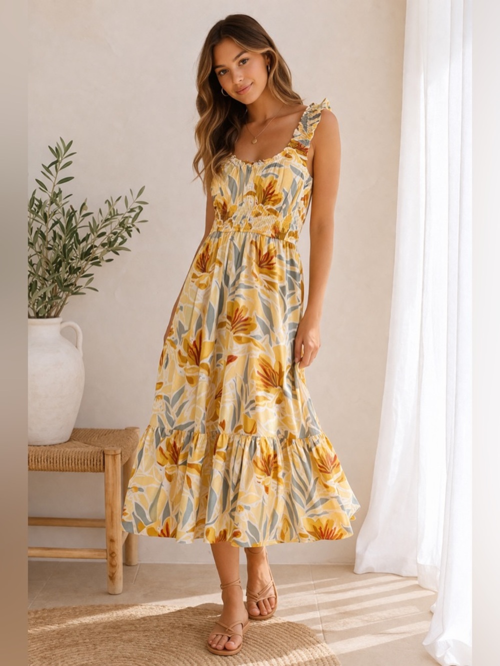 Floral Midi Dress Size S Yellow Boho Sundress Cottagecore